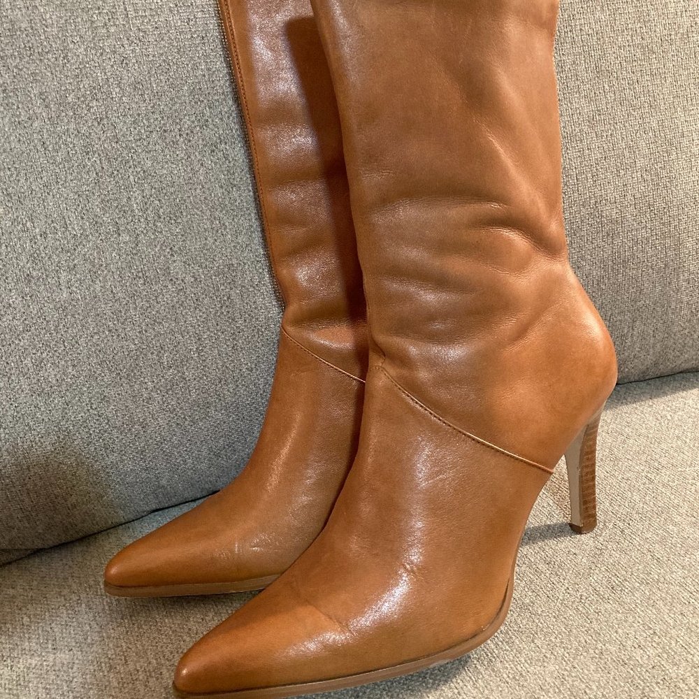 SADDLE TAN LEATHER HEELED MID-CALF BOOTS 8.5M
